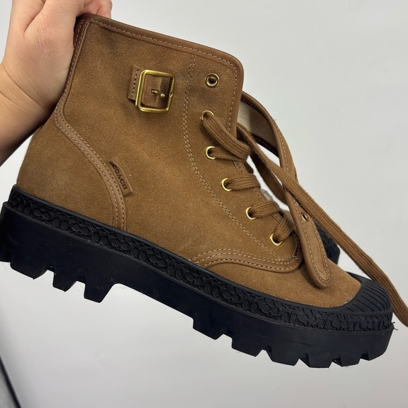 Coach Trooper Mid Top Boot in Tan Suede with Black Sole Shearling Interior 10 - Picture 2 of 6